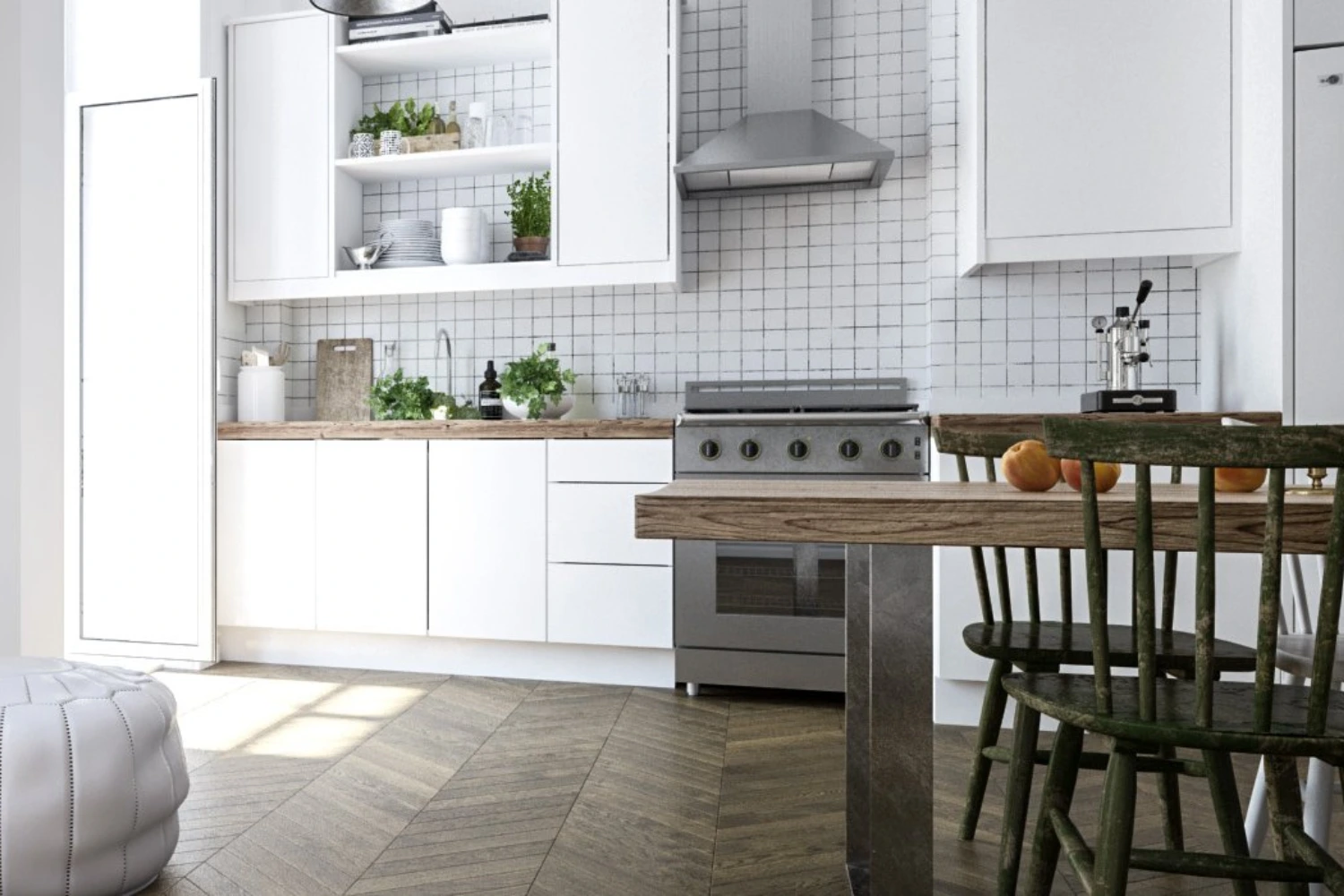 Skandynawska kuchnia z białymi meblami i drewnem